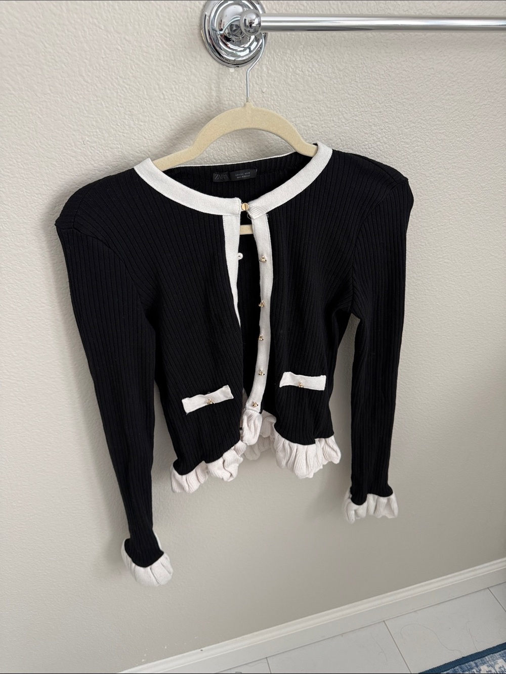 Zara Black and White Ruffle-Trim Knit Cardigan
